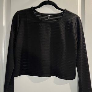Black Mesh Striped Cropped Long Sleeve